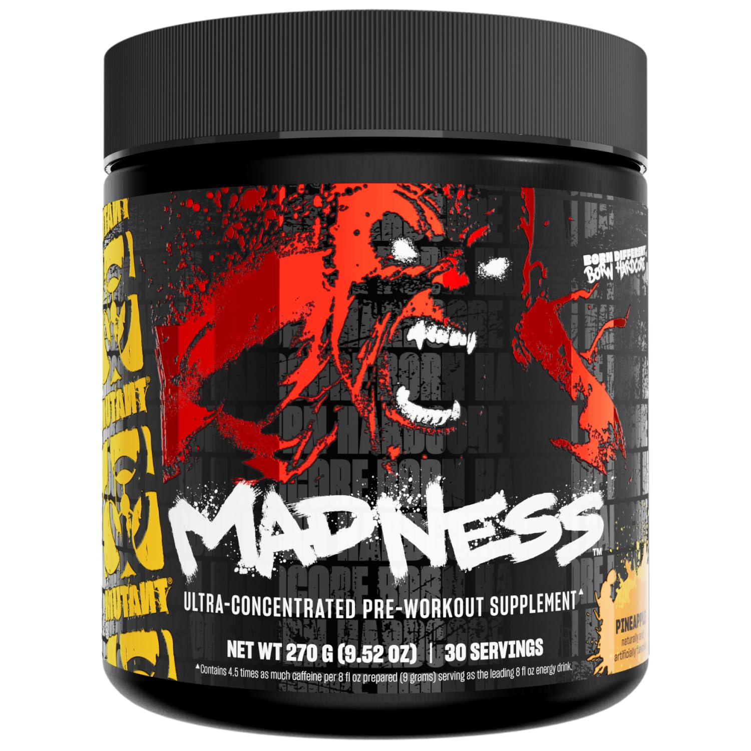 Mutant Madness Pineapple tub front, bold branding, pre-workout energy.