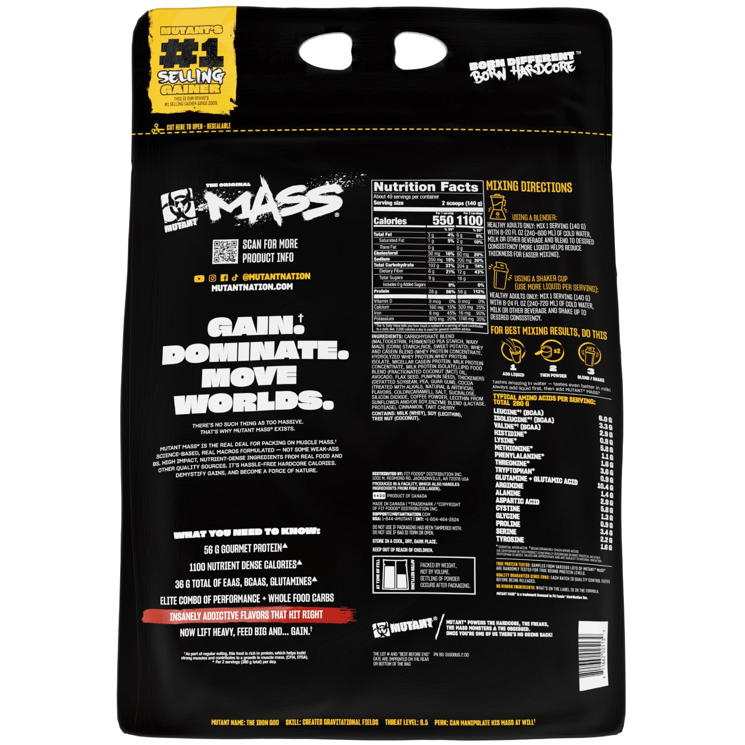 Mutant Mass nutrition panel on the tub highlighting calories
