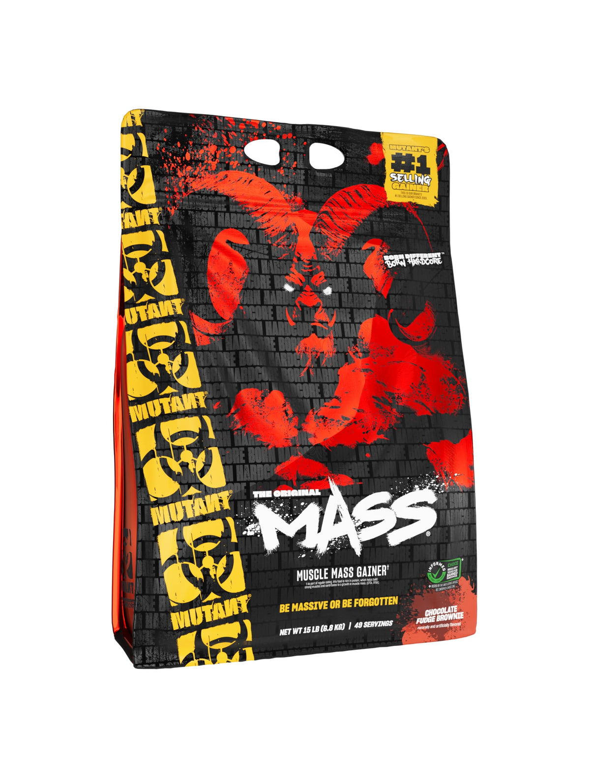 Mutant Mass gainer tub label visible highlighting high calorie formula for muscle growth