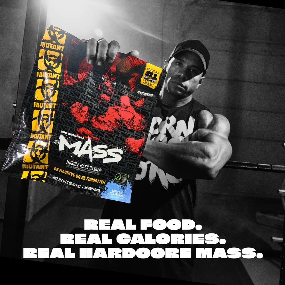 Mutant Mass whey protein blend visual emphasizes protein per serving