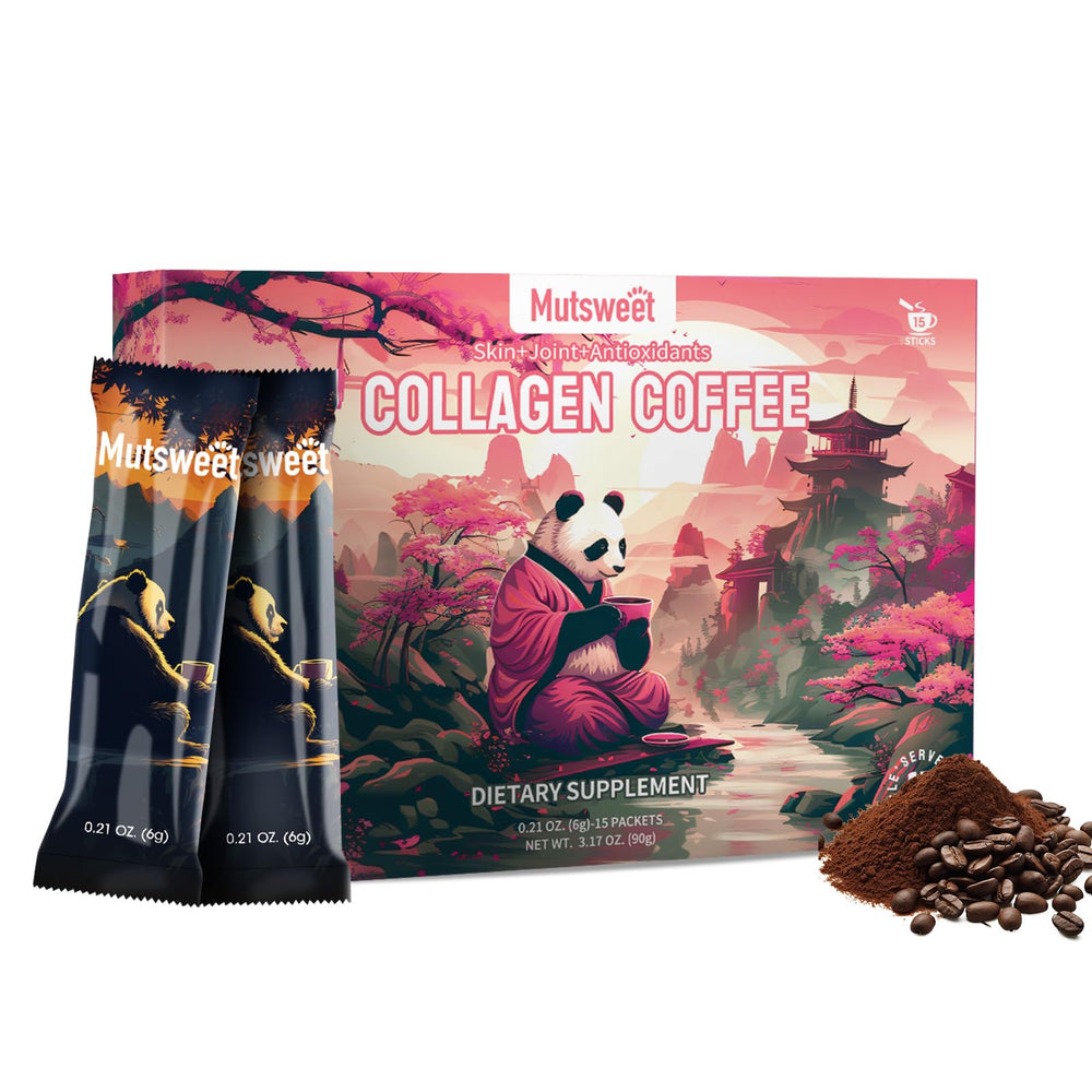 Mutsweet instant coffee collagen powder pack for a convenient daily boost that supports skin and joints.