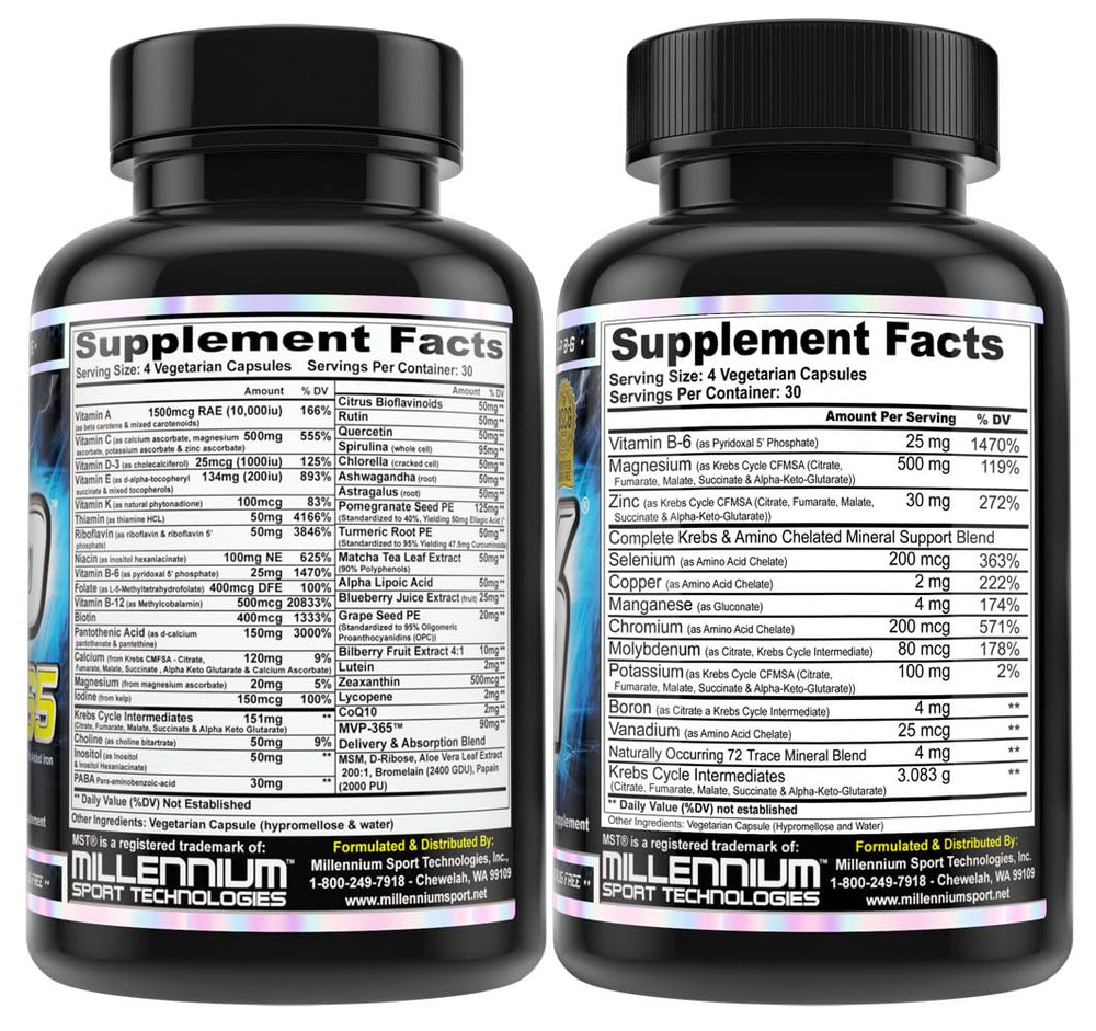 MVP-365 Premium Multi-Vitamin bottle featuring high-bioavailability nutrients for athletes