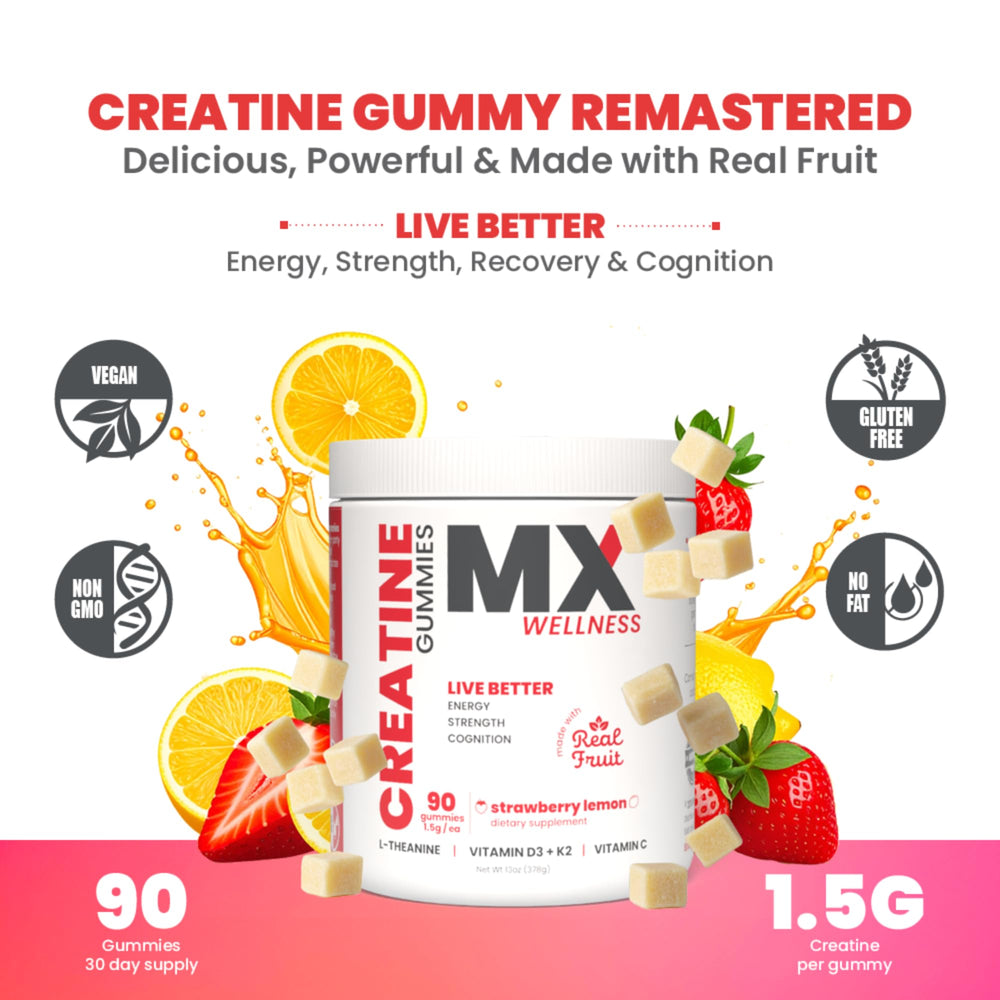 MX Wellness Creatine Monohydrate Gummies close-up shows juicy real fruit texture for easy daily use.