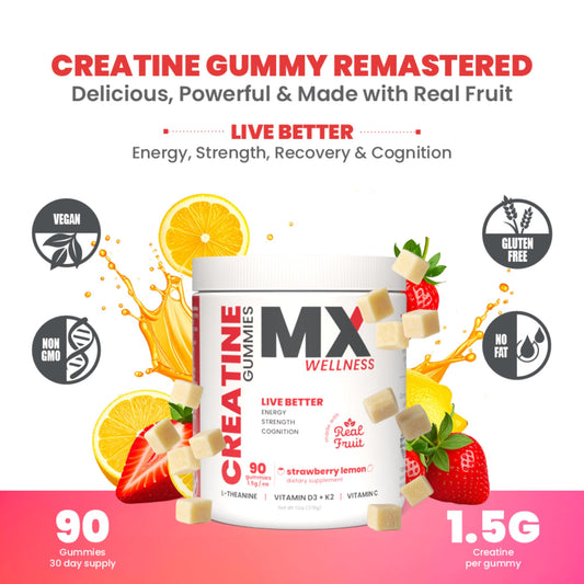 MX Wellness Creatine Monohydrate Gummies close-up shows juicy real fruit texture for easy daily use.