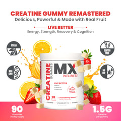 MX Wellness Creatine Monohydrate Gummies close-up shows juicy real fruit texture for easy daily use.