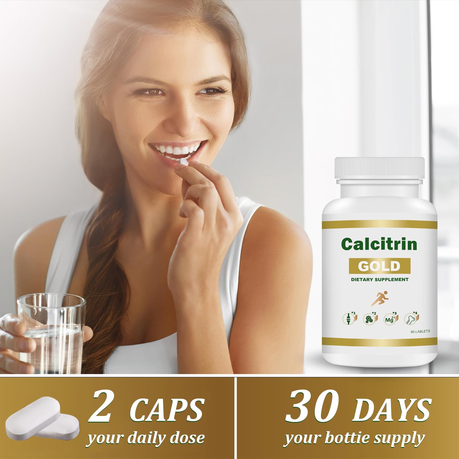 MXZ Calcitrin Gold packaging on shelf in a neutral lifestyle scene.