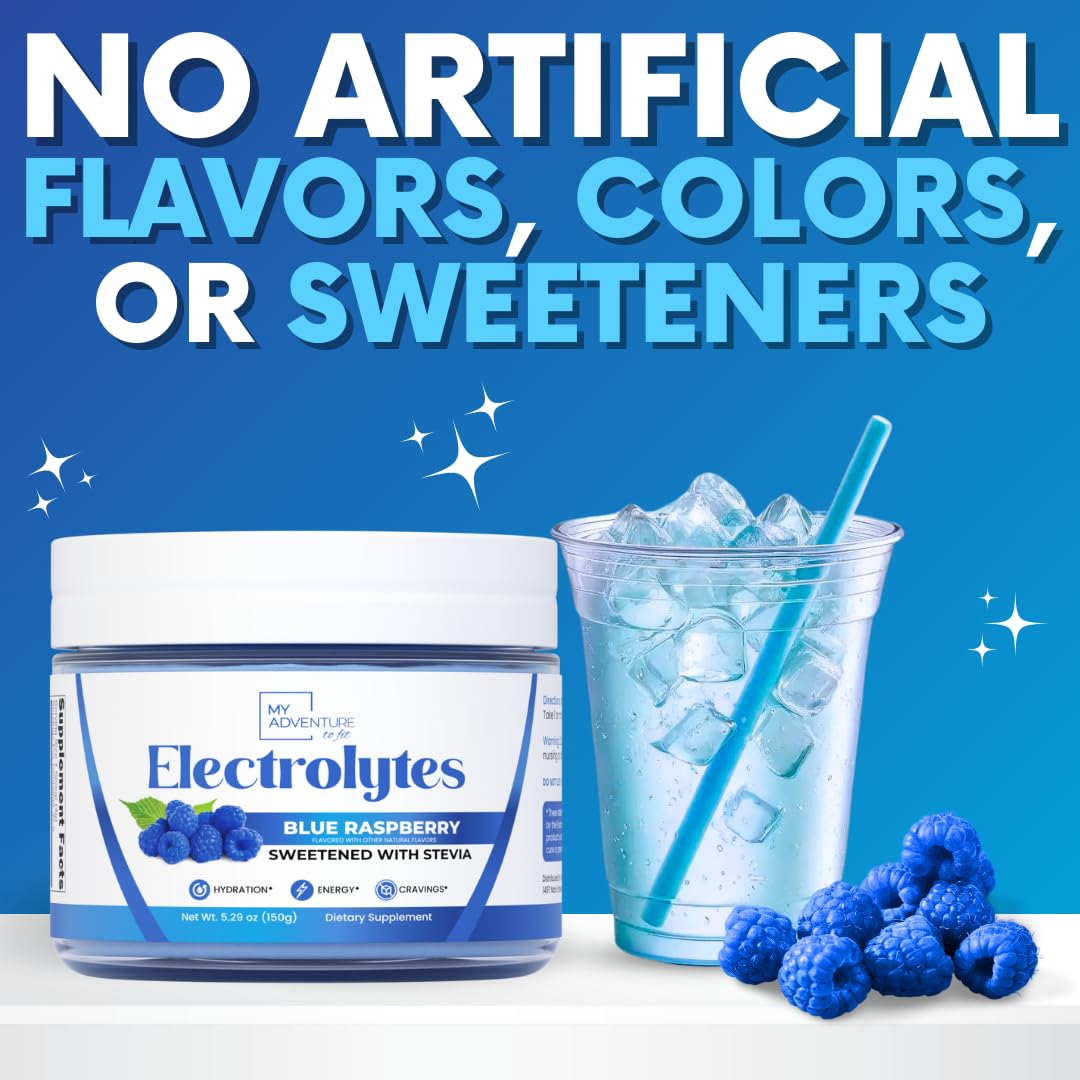 My Adventure to Fit blue raspberry electrolytes powder dissolving in water for quick hydration