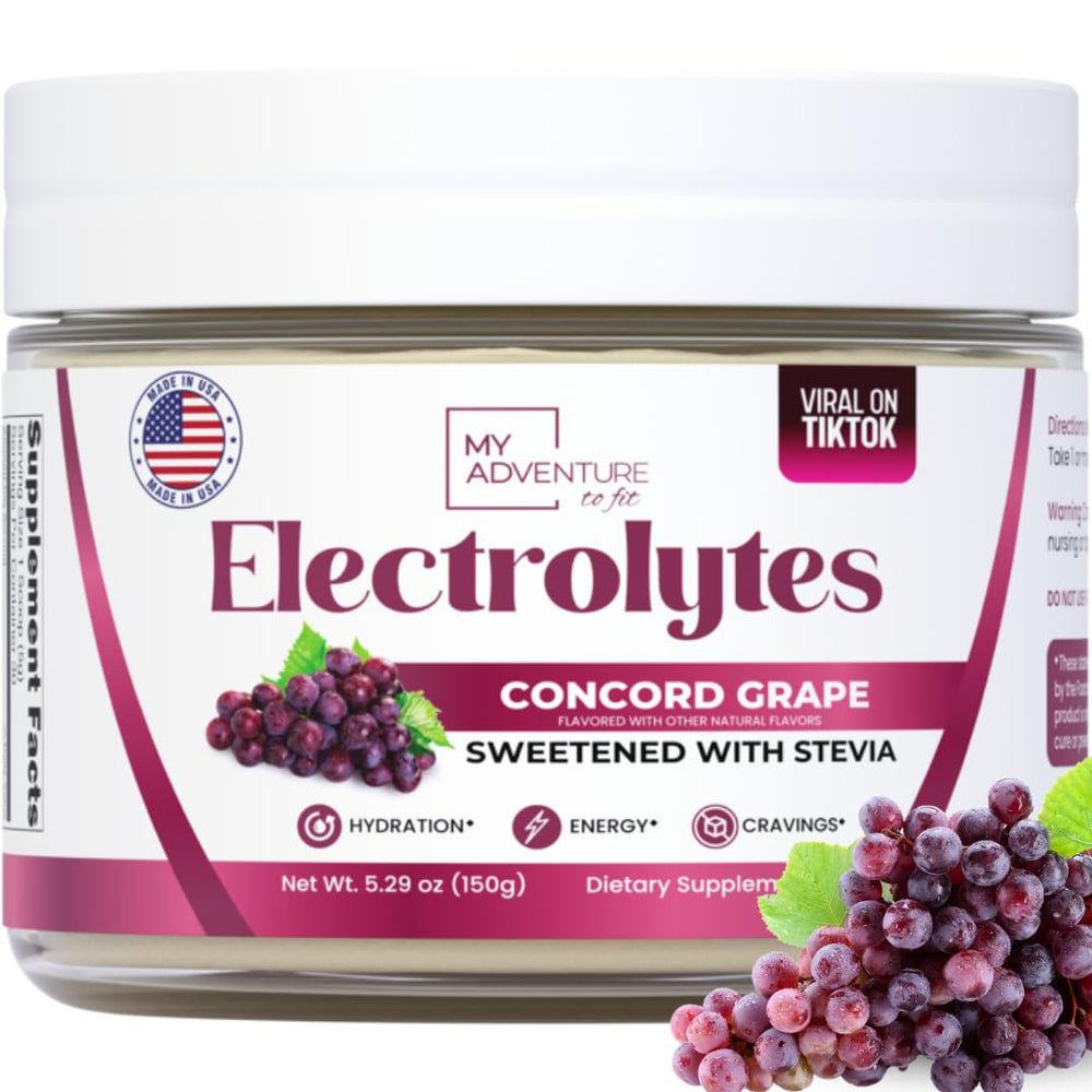 My Adventure to Fit Concord Grape electrolytes powder bottle front label for zero sugar hydration.