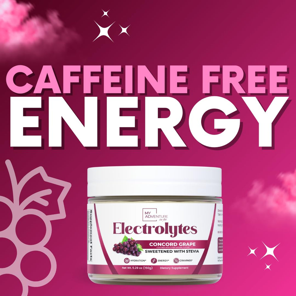 My Adventure to Fit Concord Grape electrolytes graphic showing natural Stevia sweetness.