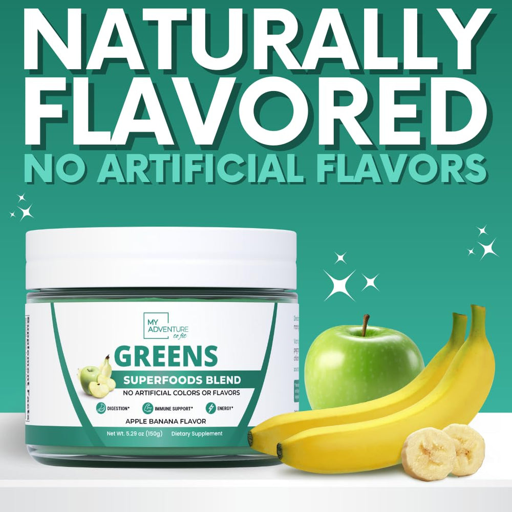 Glass shows My Adventure to Fit Green Superfood beverage infused with apple banana flavor.