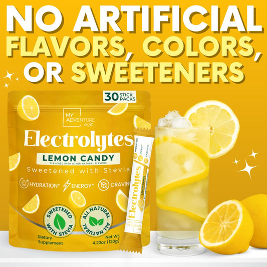 My Adventure to Fit Lemon Candy Electrolytes Sticks poured into water for quick mixing