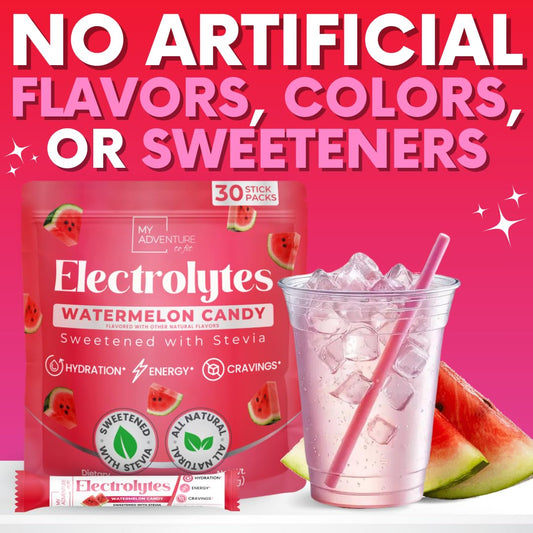 My Adventure to Fit watermelon candy electrolytes packets front view ideal for tasty hydration.