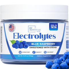 My Adventure to Fit Zero Sugar Blue Raspberry electrolytes powder bottle for refreshing hydration
