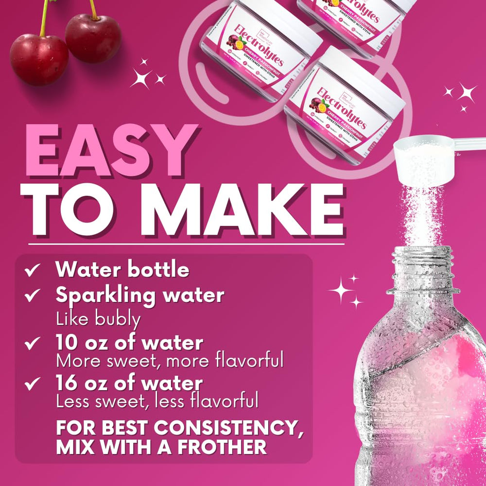 My Adventure to Fit Cherry Passionfruit electrolytes pour into glass for workouts.