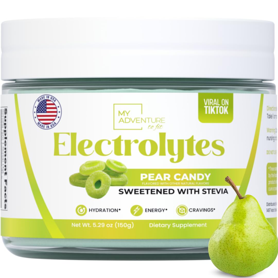 My Adventure to Fit Zero Sugar Pear Candy Electrolytes bottle for refreshing, sugar-free hydration.