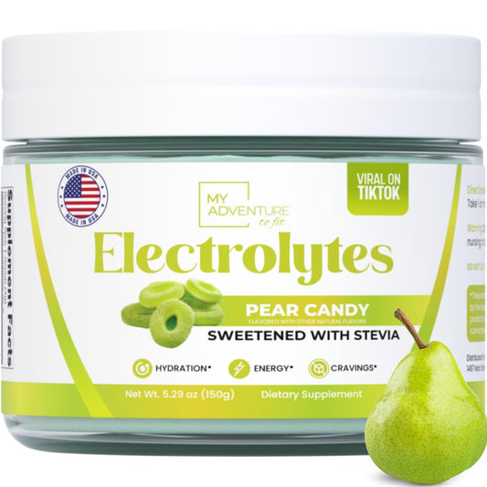 My Adventure to Fit Zero Sugar Pear Candy Electrolytes bottle for refreshing, sugar-free hydration.
