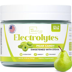My Adventure to Fit Zero Sugar Pear Candy Electrolytes bottle for refreshing, sugar-free hydration.