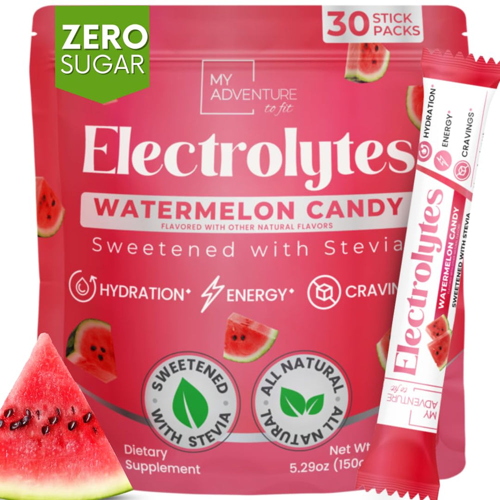 My Adventure to Fit zero sugar watermelon electrolytes packets in a box for quick hydration.