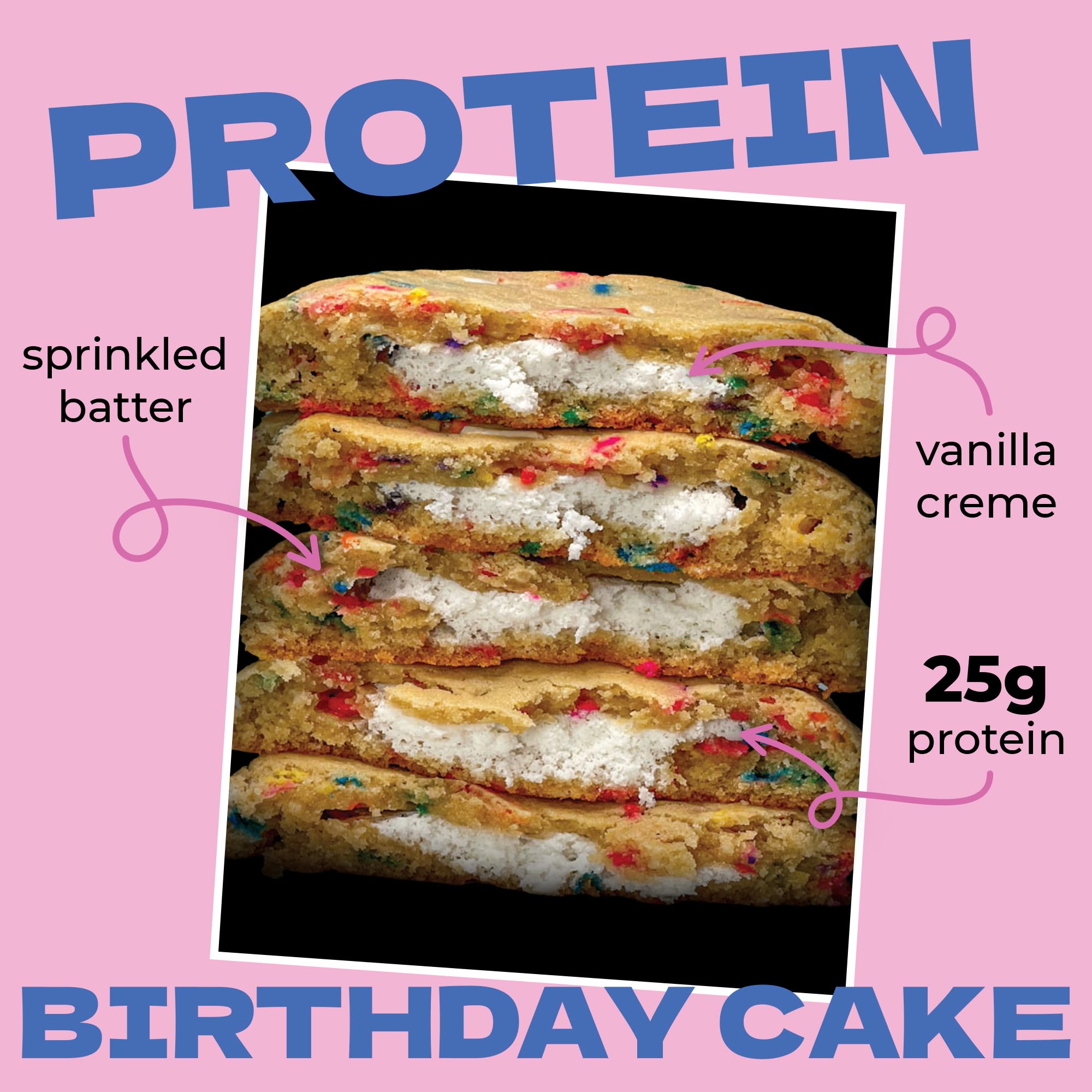 My Cookie Dealer Birthday Cake protein cookie ingredient image emphasizes quality protein sources.