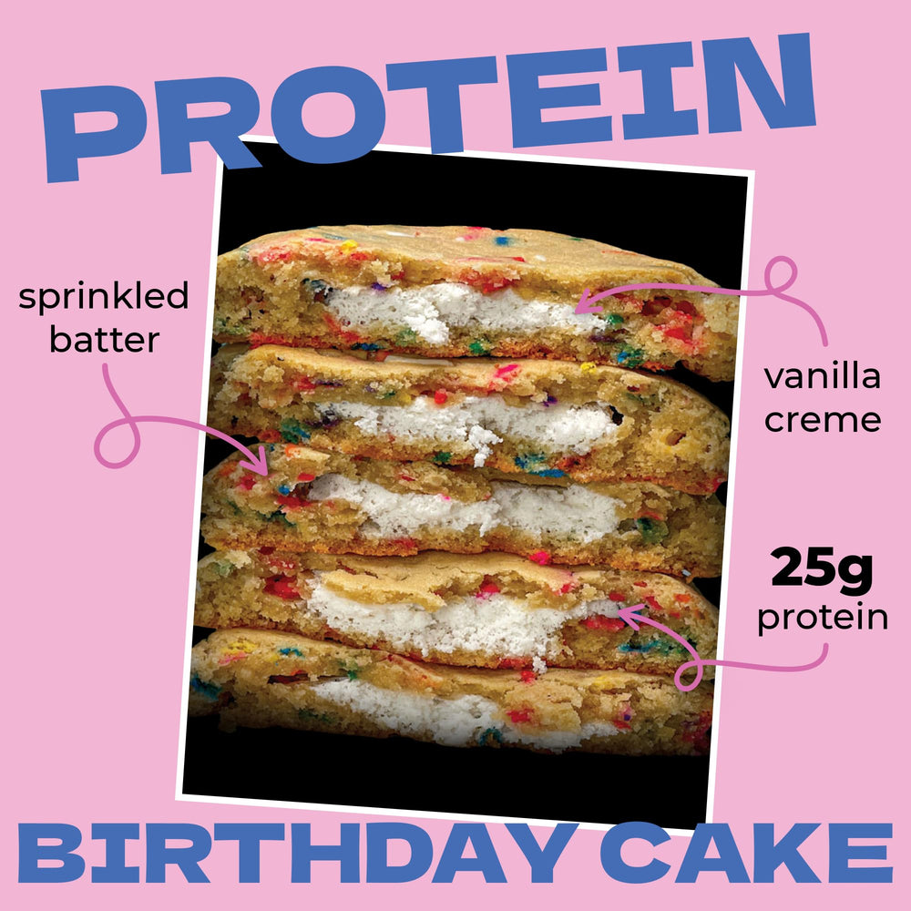 My Cookie Dealer Birthday Cake protein cookie ingredient image emphasizes quality protein sources.
