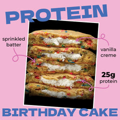 My Cookie Dealer Birthday Cake protein cookie ingredient image emphasizes quality protein sources.