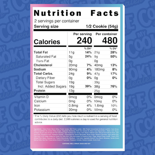 My Cookie Dealer Birthday Cake protein cookie on plate highlights indulgent flavor with high-protein nourishment.