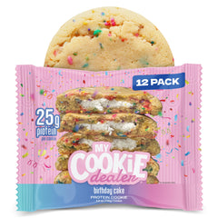 My Cookie Dealer Birthday Cake protein cookie packaging showcases convenient on-the-go snacking.
