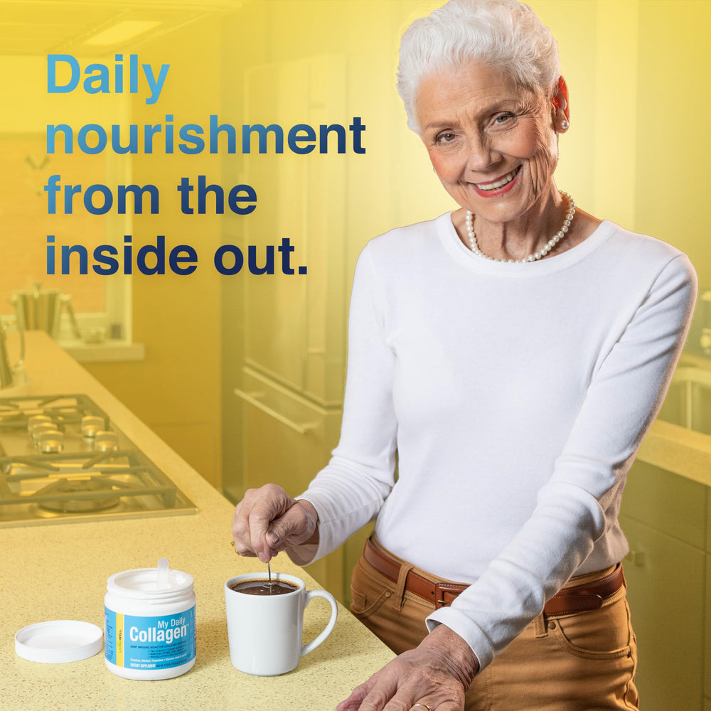 My Daily Collagen powder being stirred into coffee for flavor-free supplementation.