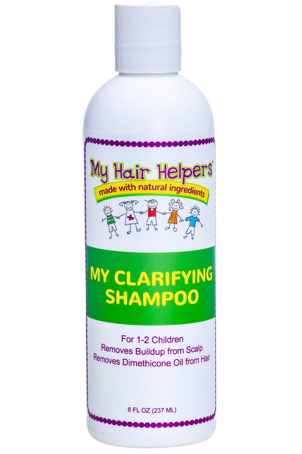 My Hair Helpers Clarifying Shampoo bottle, unscented, ideal for sensitive scalps and family use.