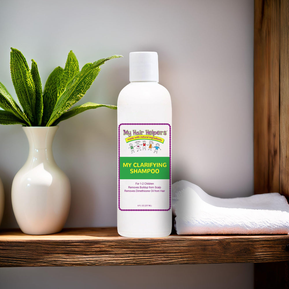 My Hair Helpers Clarifying Shampoo family-use kids image signals gentle, kid-friendly care.