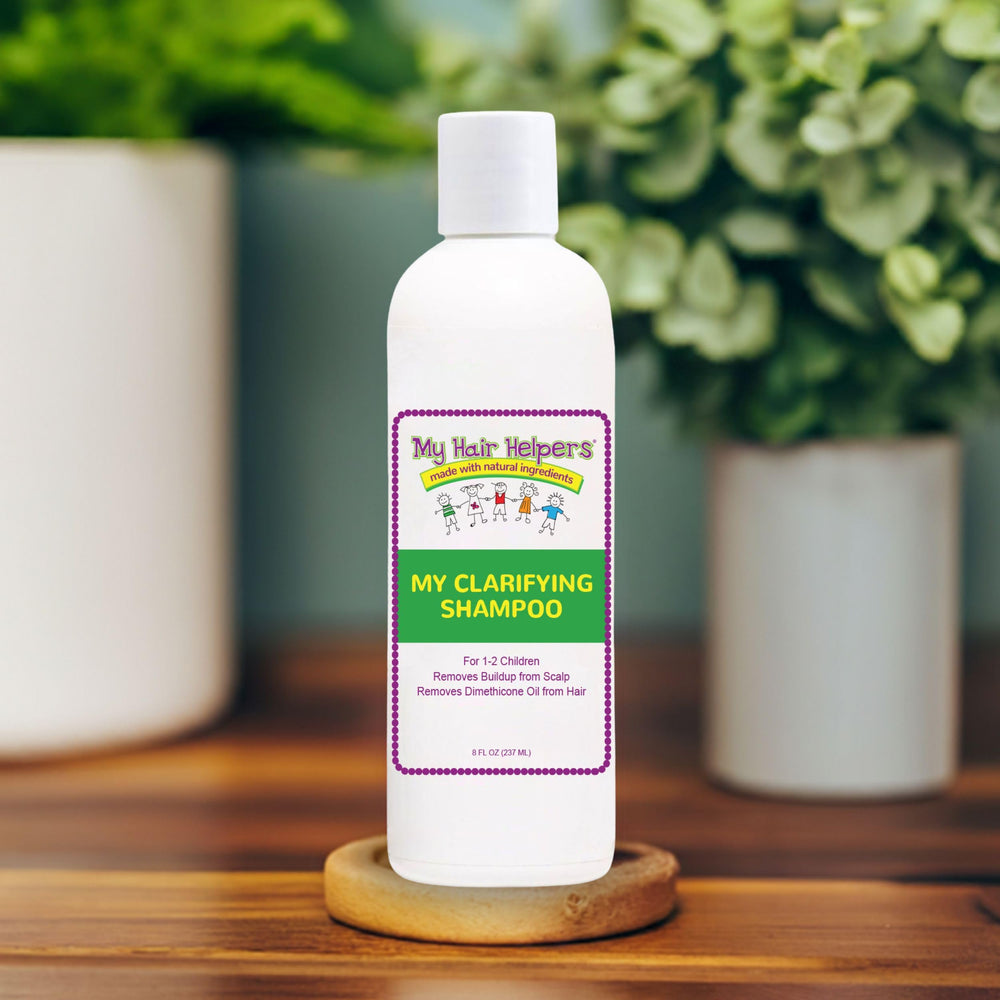 My Hair Helpers Clarifying Shampoo USA-made label emphasizes safety and quality.