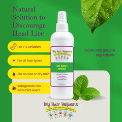 Child applying MY HAIR HELPERS Mint Lice Prevention Spray with care.
