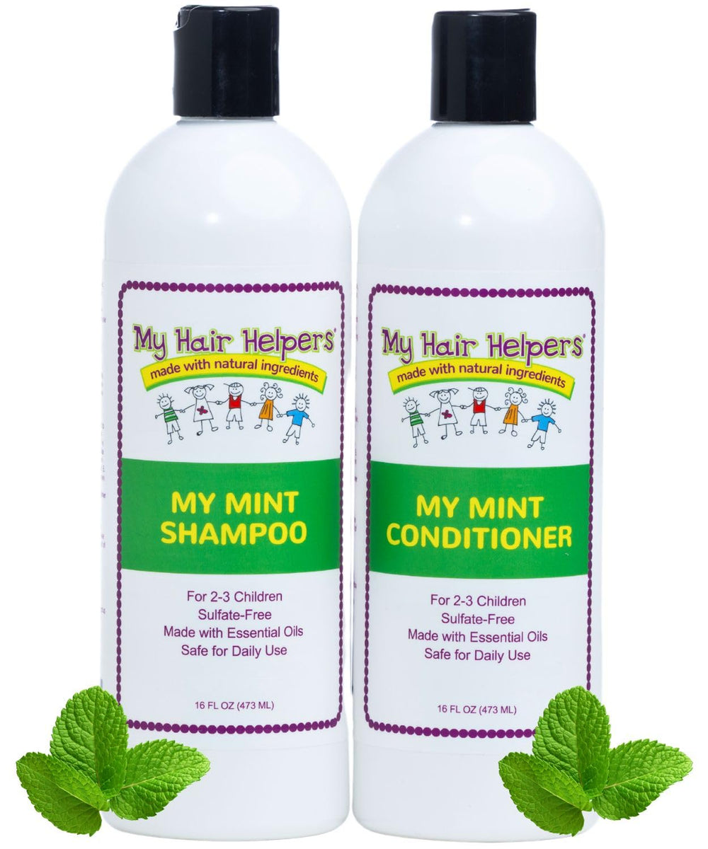 My Hair Helpers Lice Defense Shampoo bottle front with mint aroma for daily use.
