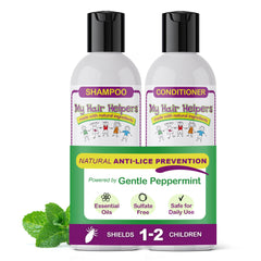 My Hair Helpers Lice Defense shampoo bottle with peppermint scent for daily deterrence.
