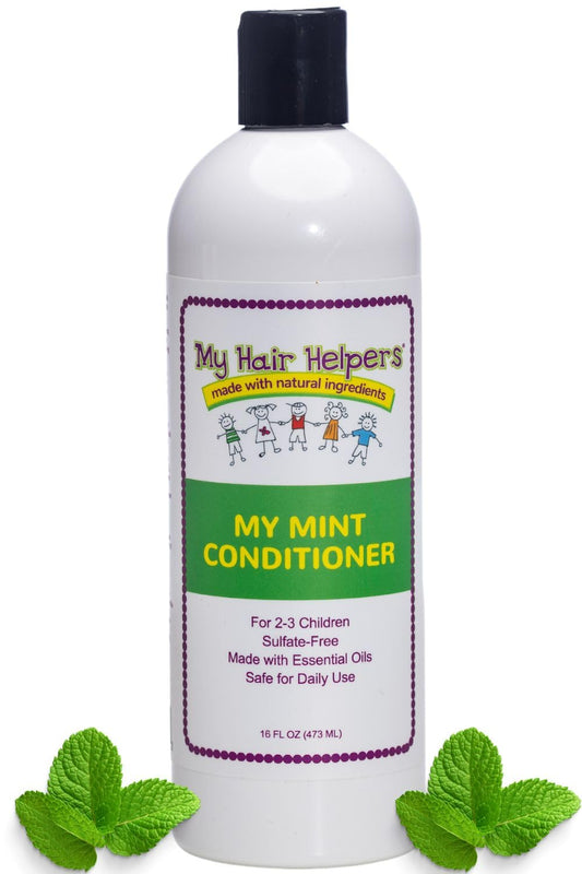 My Hair Helpers lice prevention conditioner mint bottle shown, refreshing scent for daily use.