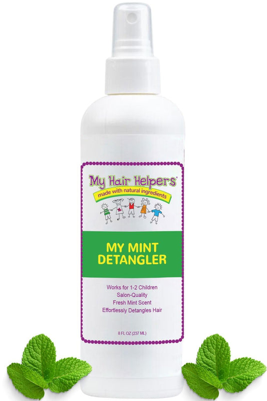 MY HAIR HELPERS Mint Detangler bottle offers easy detangling with peppermint freshness.