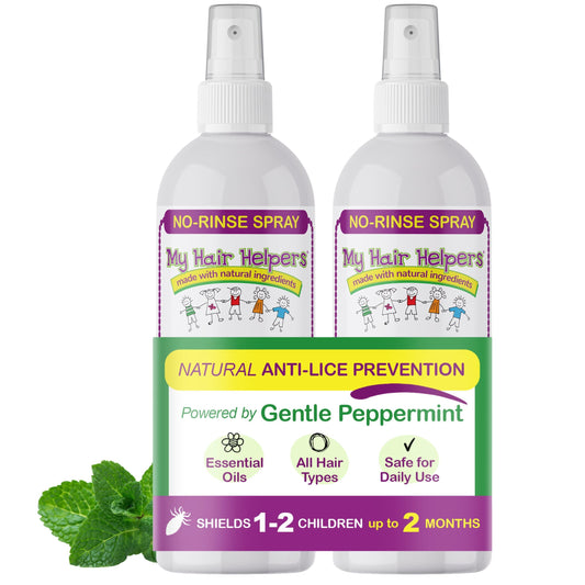 MY HAIR HELPERS Mint Lice Prevention Spray bottle with refreshing mint scent.