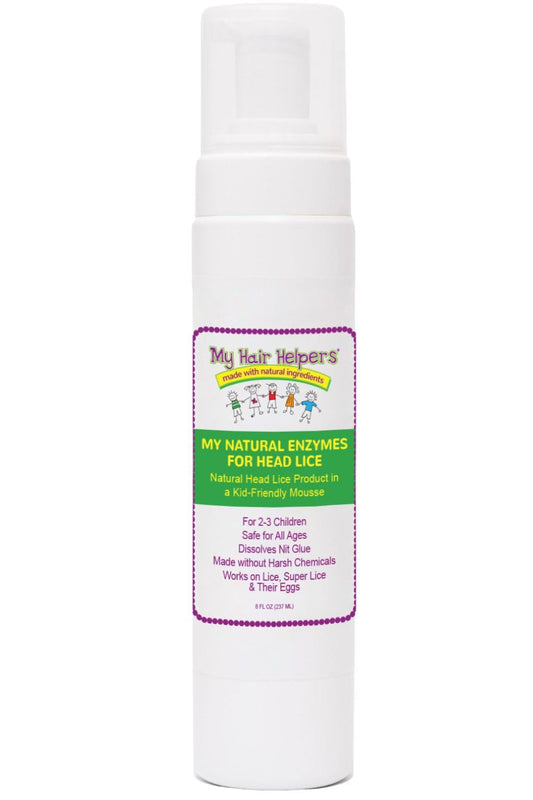 My Hair Helpers natural enzymes mousse bottle for gentle head lice removal at home.
