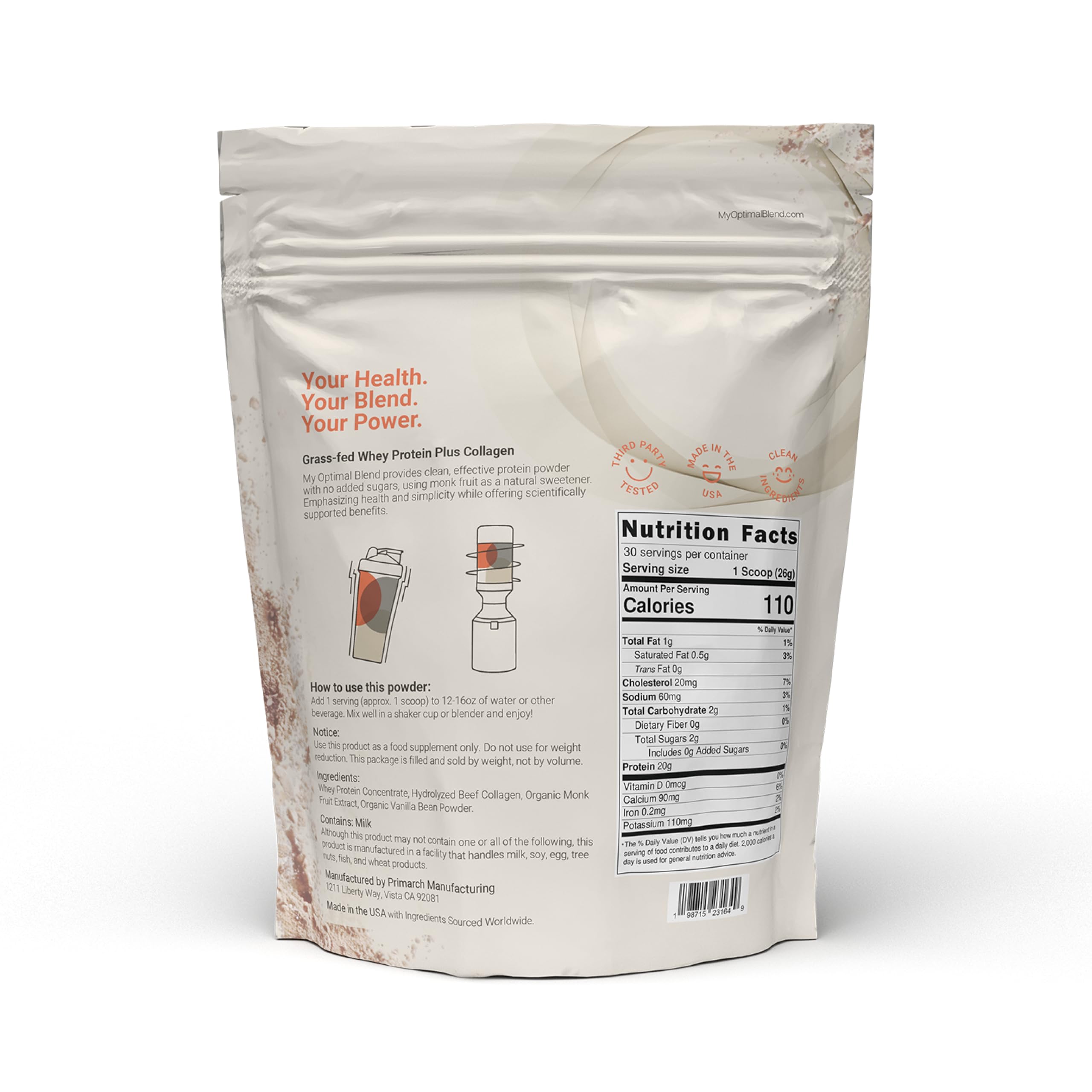 My Optimal Blend Vanilla Protein Powder scoop ready to mix into your shake.