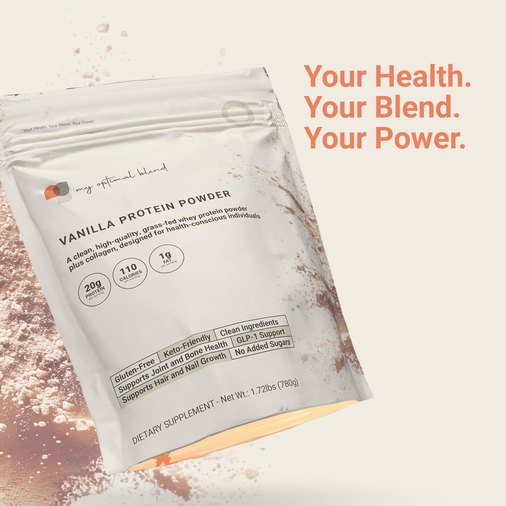 My Optimal Blend Vanilla Protein Powder shake glass with smooth vanilla flavor.