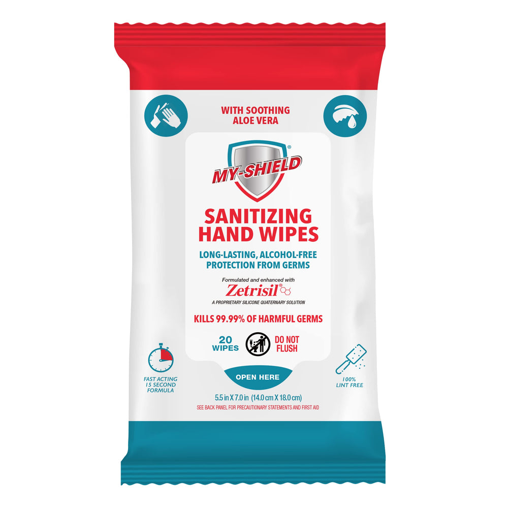 My-Shield Travel Pack wipes in use for quick hand sanitizing.