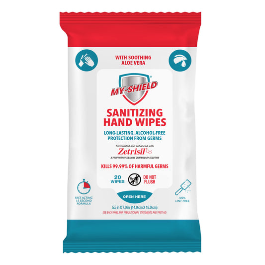 My-Shield Travel Pack wipes in use for quick hand sanitizing.