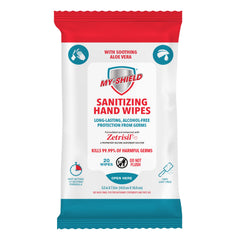My-Shield Travel Pack wipes in use for quick hand sanitizing.