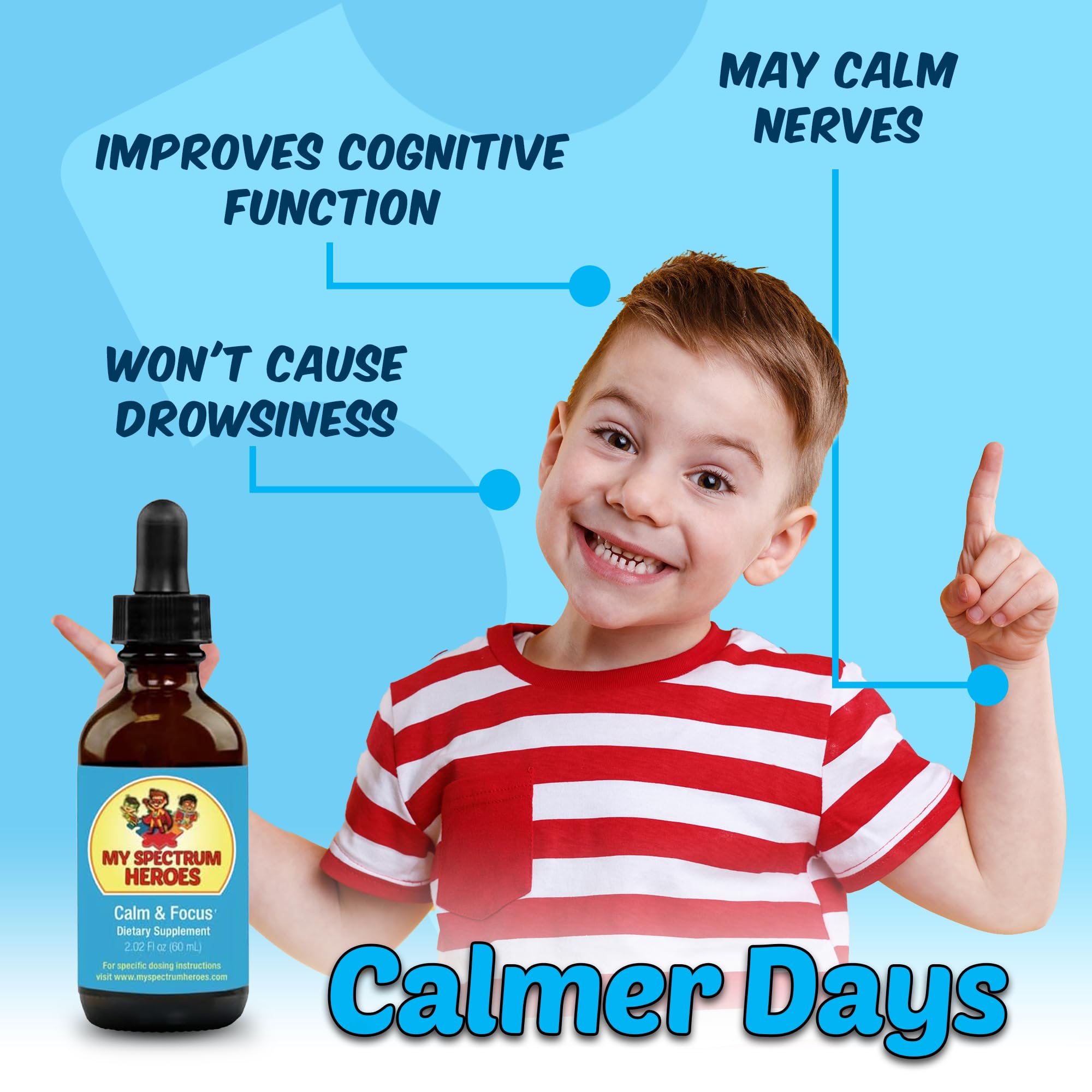 Child taking drops illustrates kid-friendly, non-pill solution.