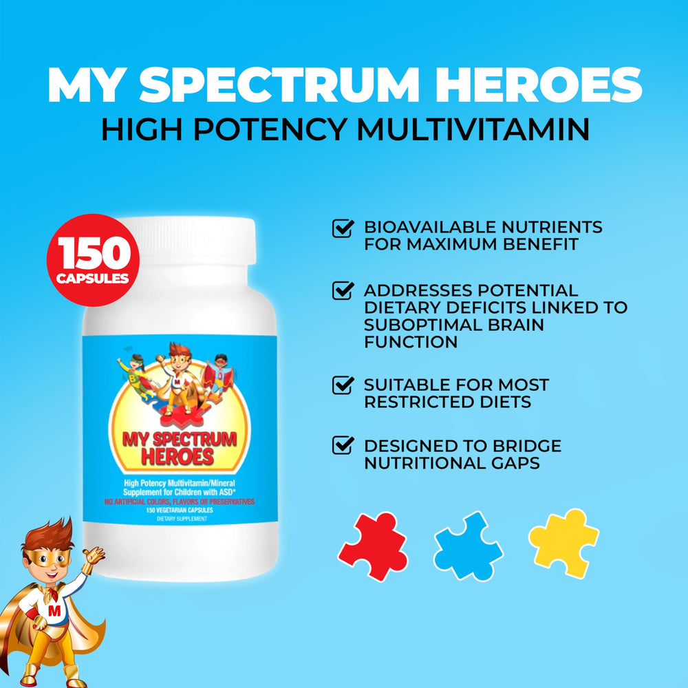 My Spectrum Heroes capsules close-up for easy-to-swallow daily use.