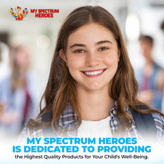 My Spectrum Heroes family scene showing parent and child taking a supplement.