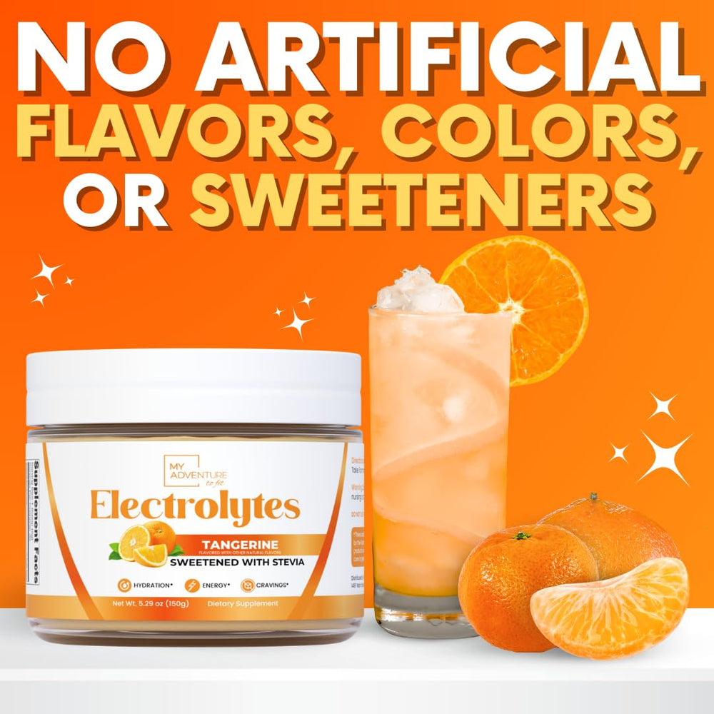 My Adventure to Fit Stevia-sweetened Tangerine electrolytes powder for keto friendly hydration.