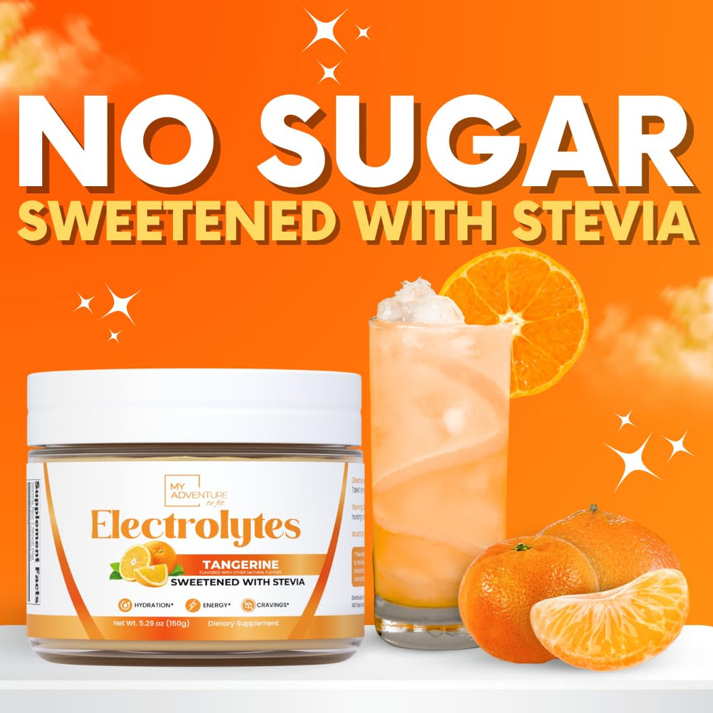My Adventure to Fit Tangerine electrolytes on-the-go glass for refreshing hydration.