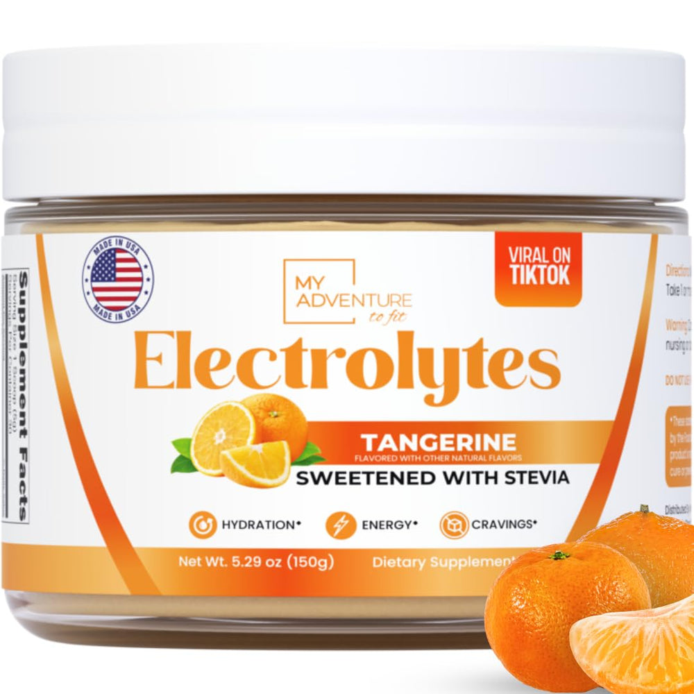 My Adventure to Fit Zero Sugar Tangerine Electrolytes powder tub for refreshing hydration.