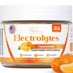 My Adventure to Fit Zero Sugar Tangerine Electrolytes powder tub for refreshing hydration.